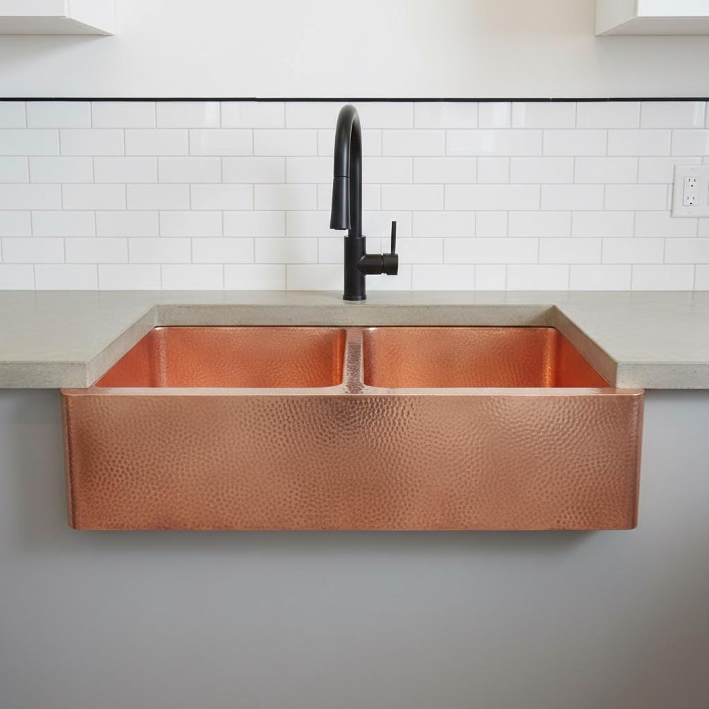 Copper kitchen sink with black faucet in a modern kitchen setting