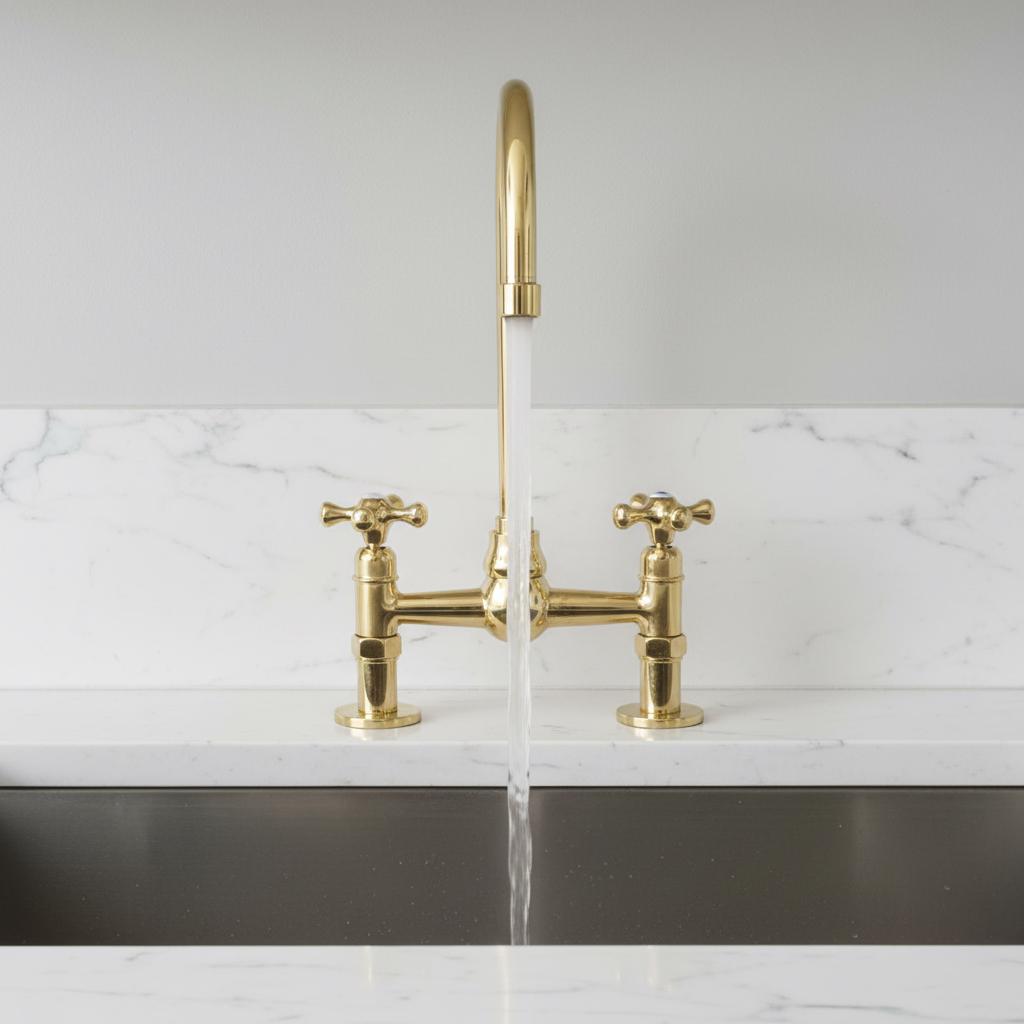 Gold kitchen faucet with water flowing on a marble countertop