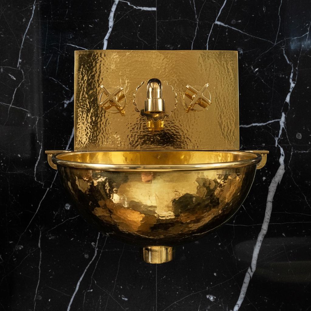 Gold wall-mounted bowl with decorative design on a black marble background