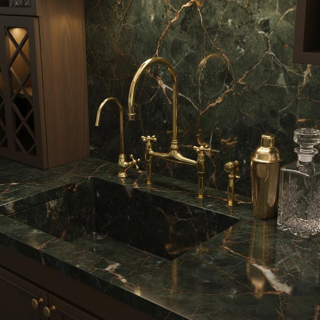 Luxurious kitchen setup with gold faucet and marble countertop