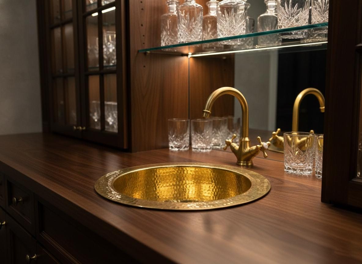 Gold sink and faucet on a wooden counter with glasses in a bar setting
