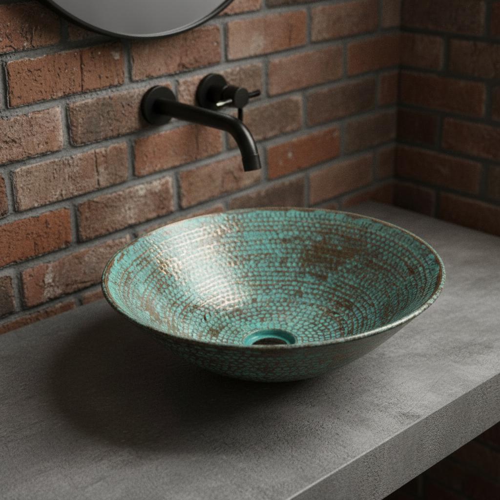 Turquoise glass sink on a concrete countertop with a brick wall background