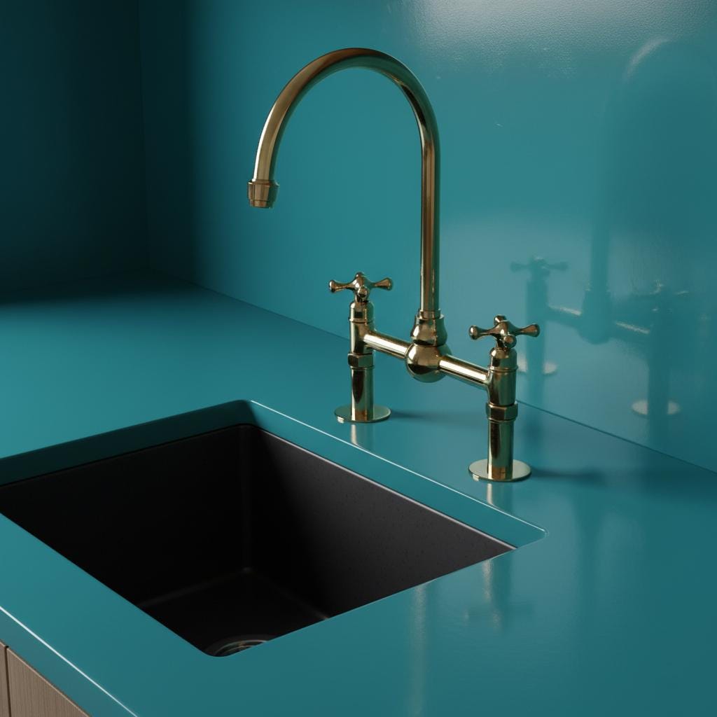 Modern kitchen sink with a metallic faucet against a teal wall.