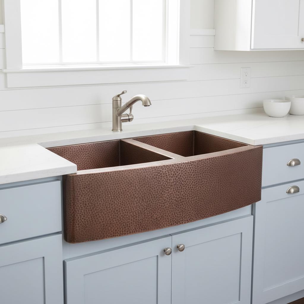 Brown farmhouse sink in a kitchen with white countertops and light blue cabinets.