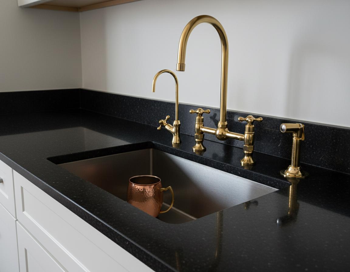 Kitchen sink with gold faucet and black countertop