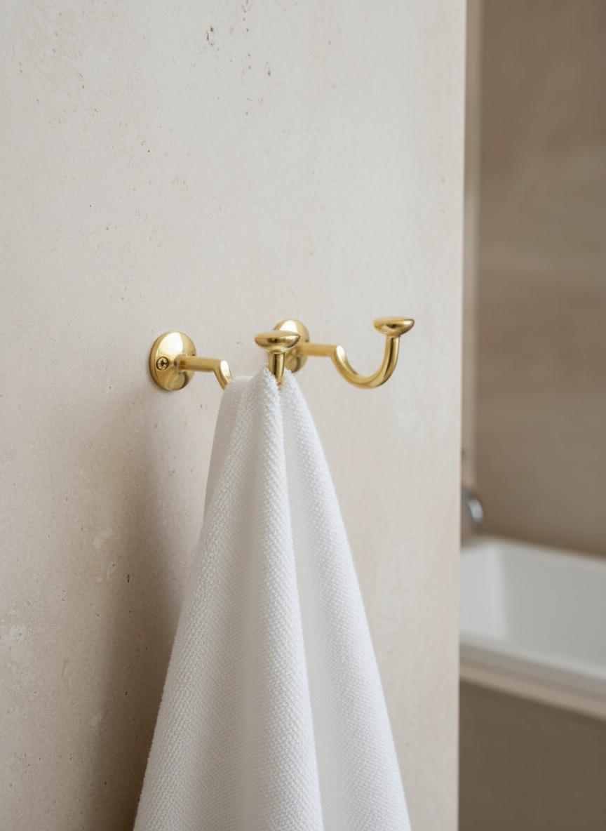 Gold towel hook with a white towel on a light gray wall.