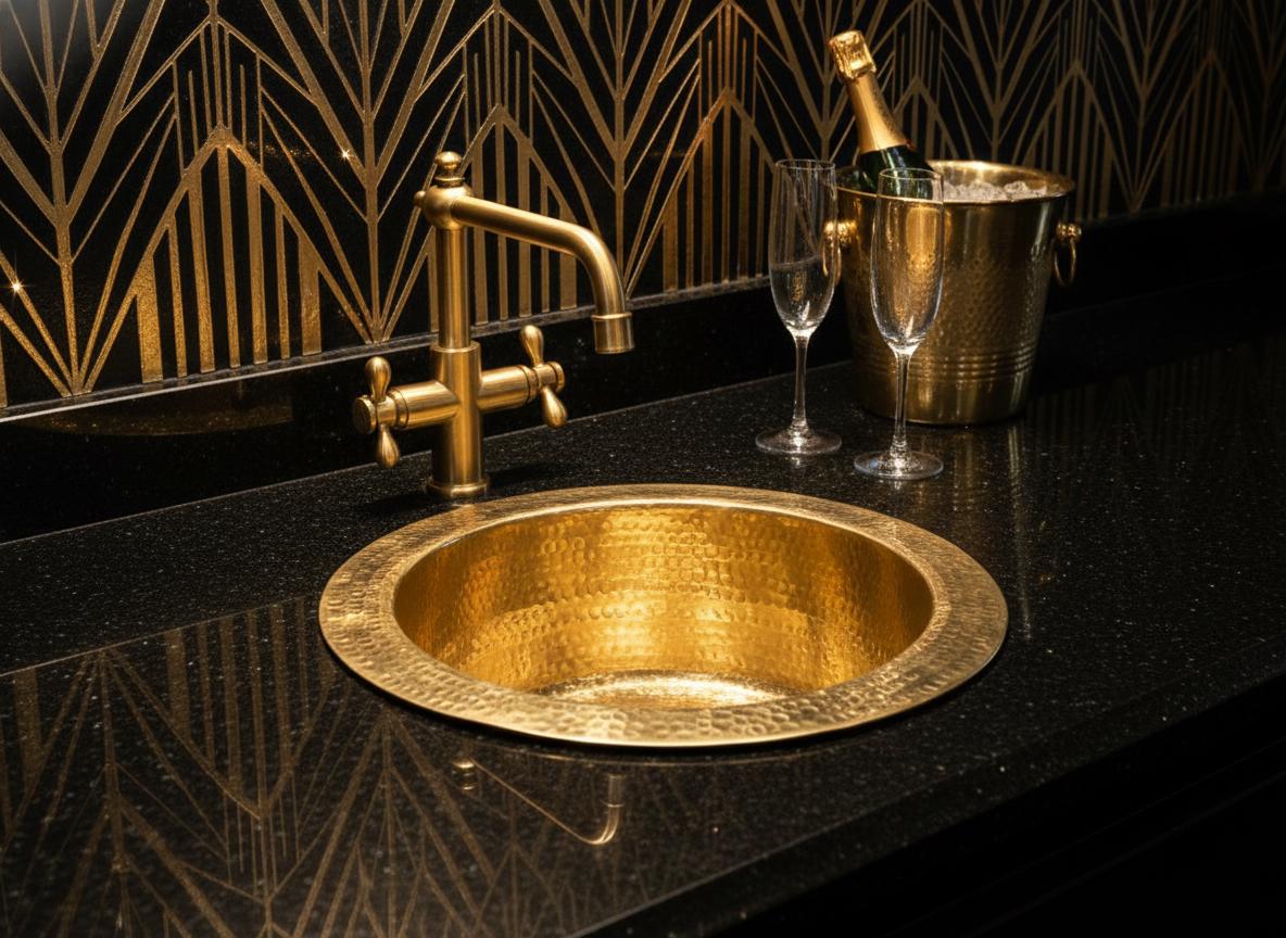 Gold sink and faucet on a black countertop with champagne and glasses, against a decorative wall.