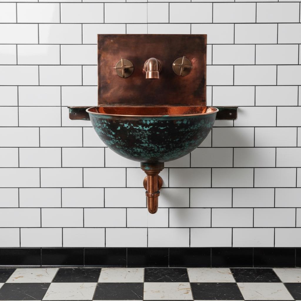 Copper wall-mounted sink against a white tiled wall with a black and white checkered floor.