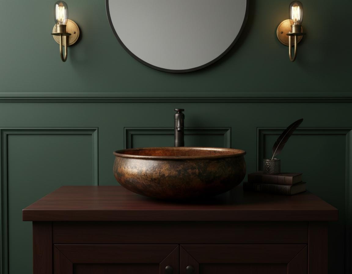 Bronze sink on a wooden vanity with a round mirror and wall lights in a dark green bathroom.