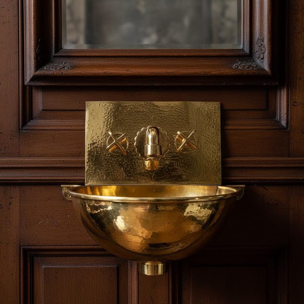 Gold wall-mounted bowl with faucet against a wooden background