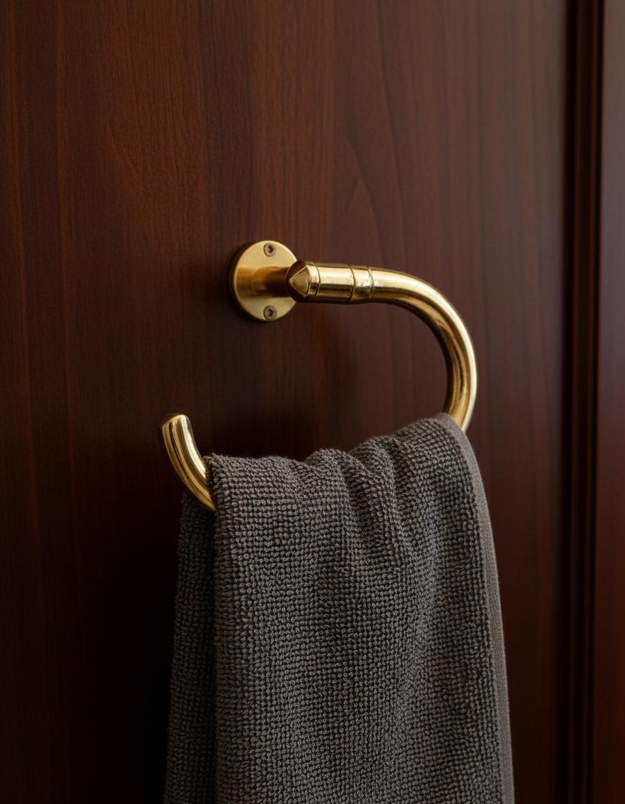 Gold towel hook with a gray towel on a wooden door
