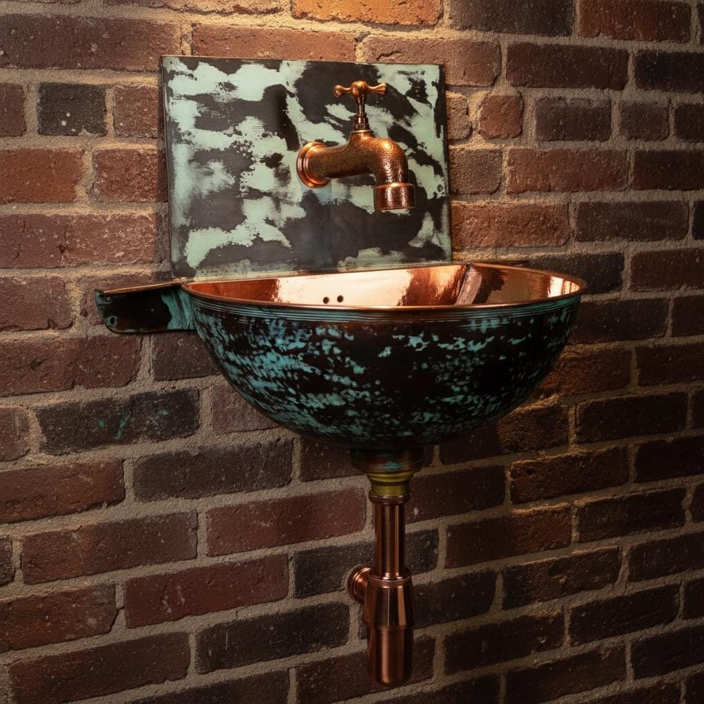 Wall-mounted copper sink with distressed finish and vintage-style faucet against a tiled wall.