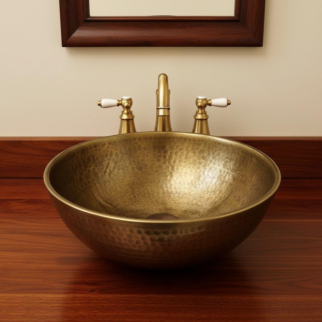 Gold hammered sink with faucet on a wooden vanity
