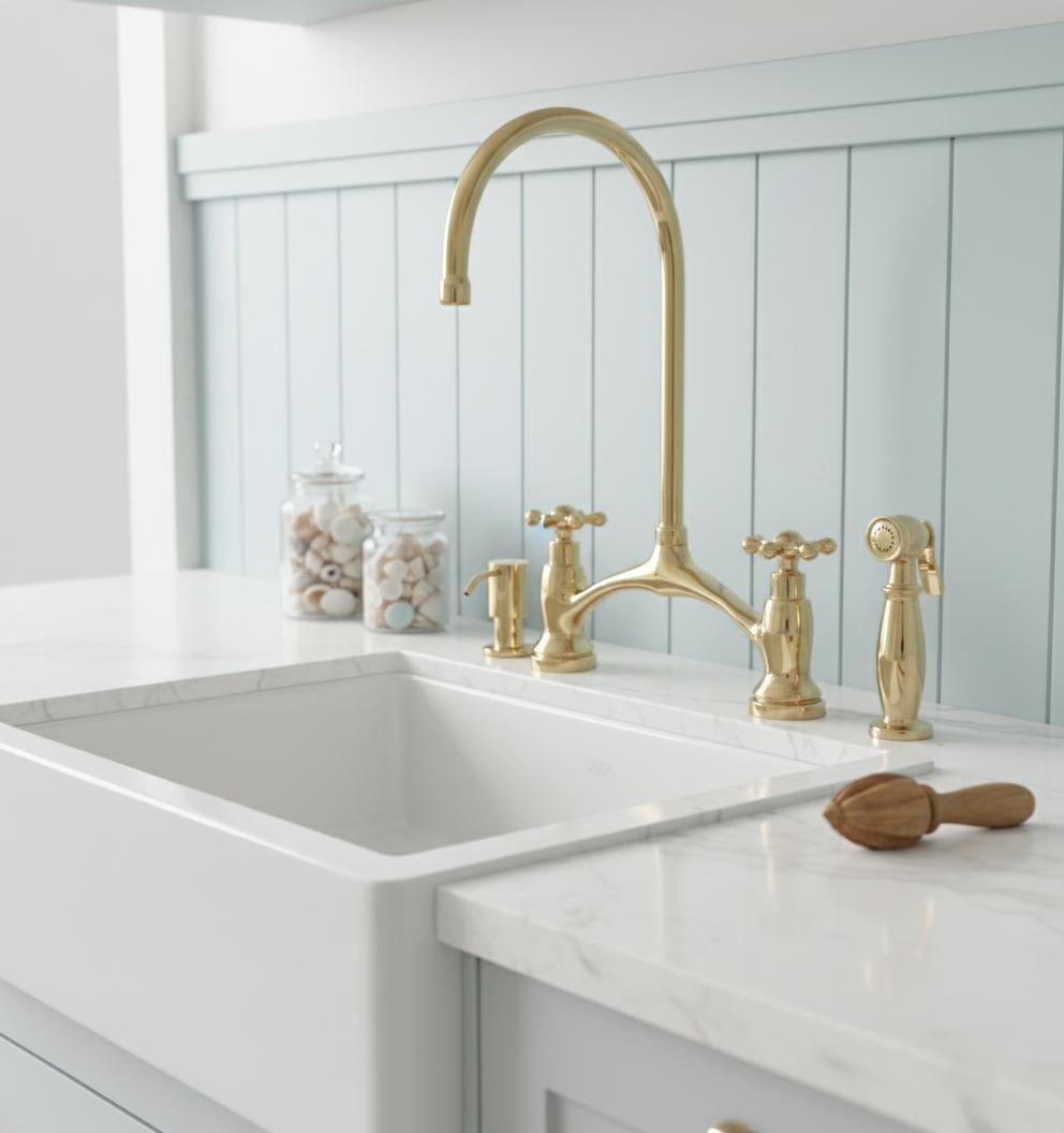 Gold kitchen faucet and handles on a white sink with a light blue wall in the background.