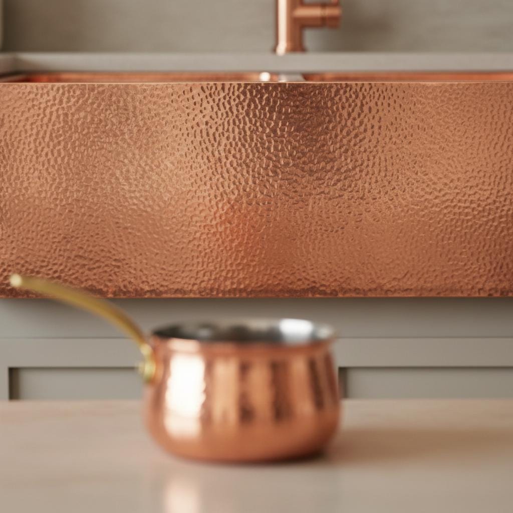 Copper sink and pot on a neutral background