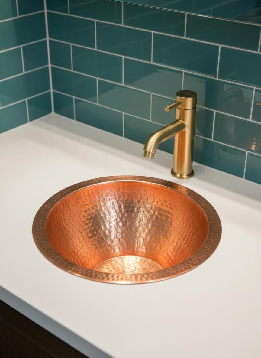 Copper sink with gold faucet against a teal tiled wall