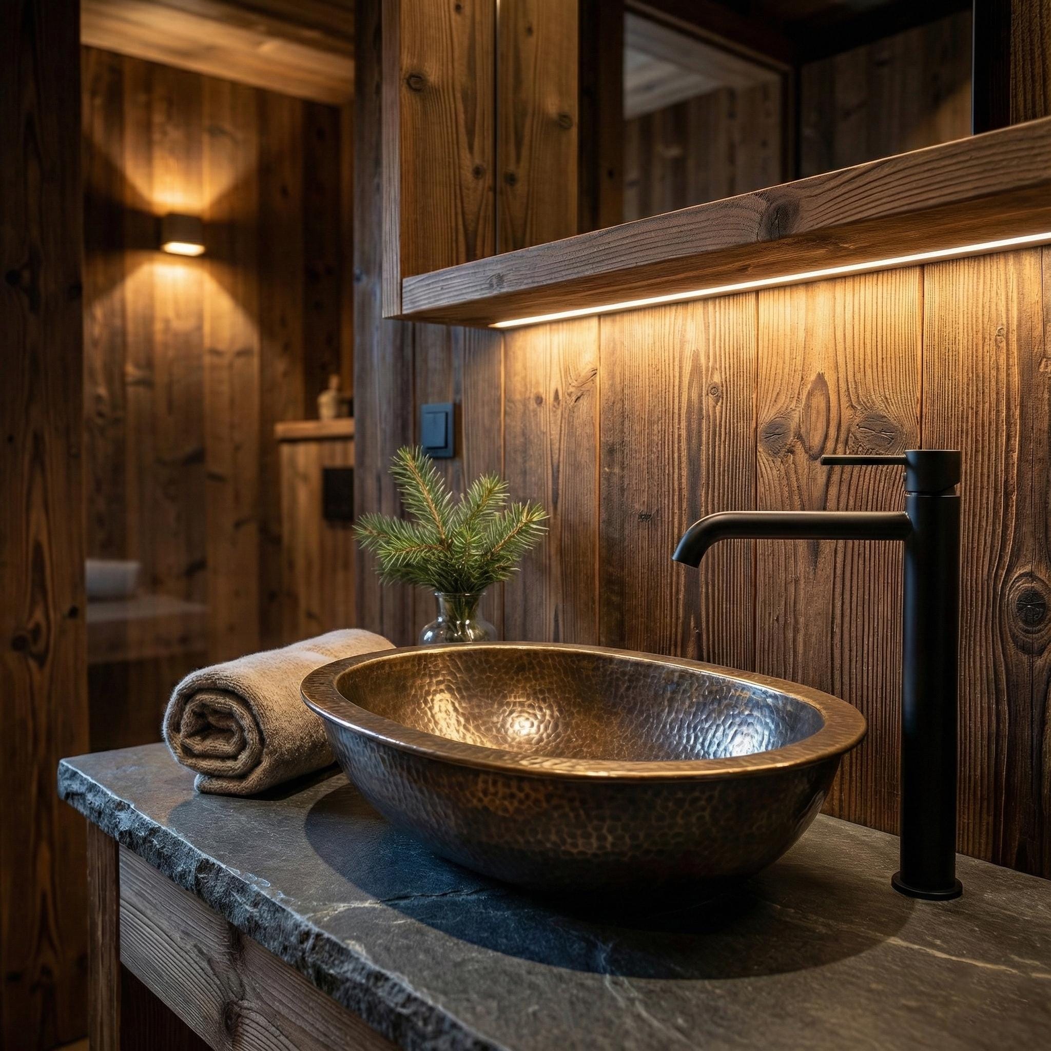 Copper sink with black faucet in a rustic wooden bathroom