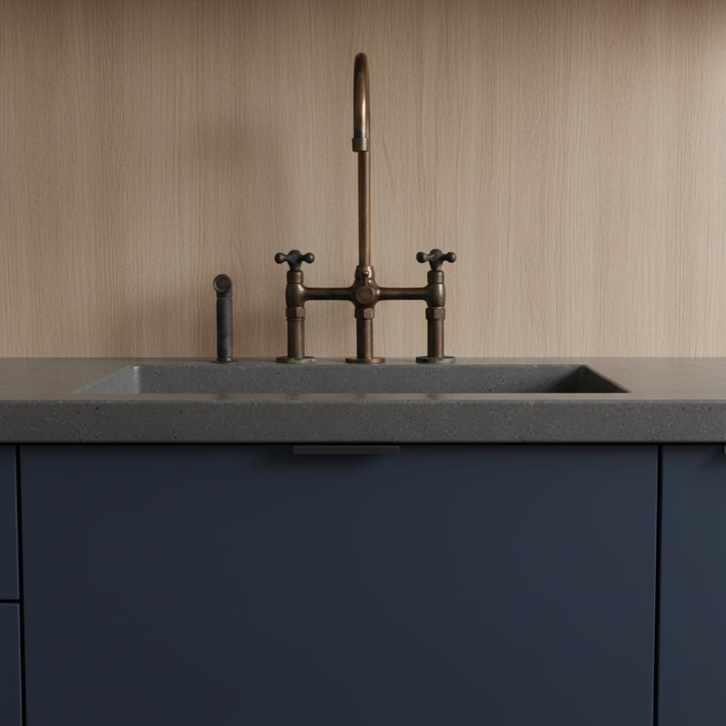 Kitchen sink with a vintage-style bronze faucet against a wooden wall.
