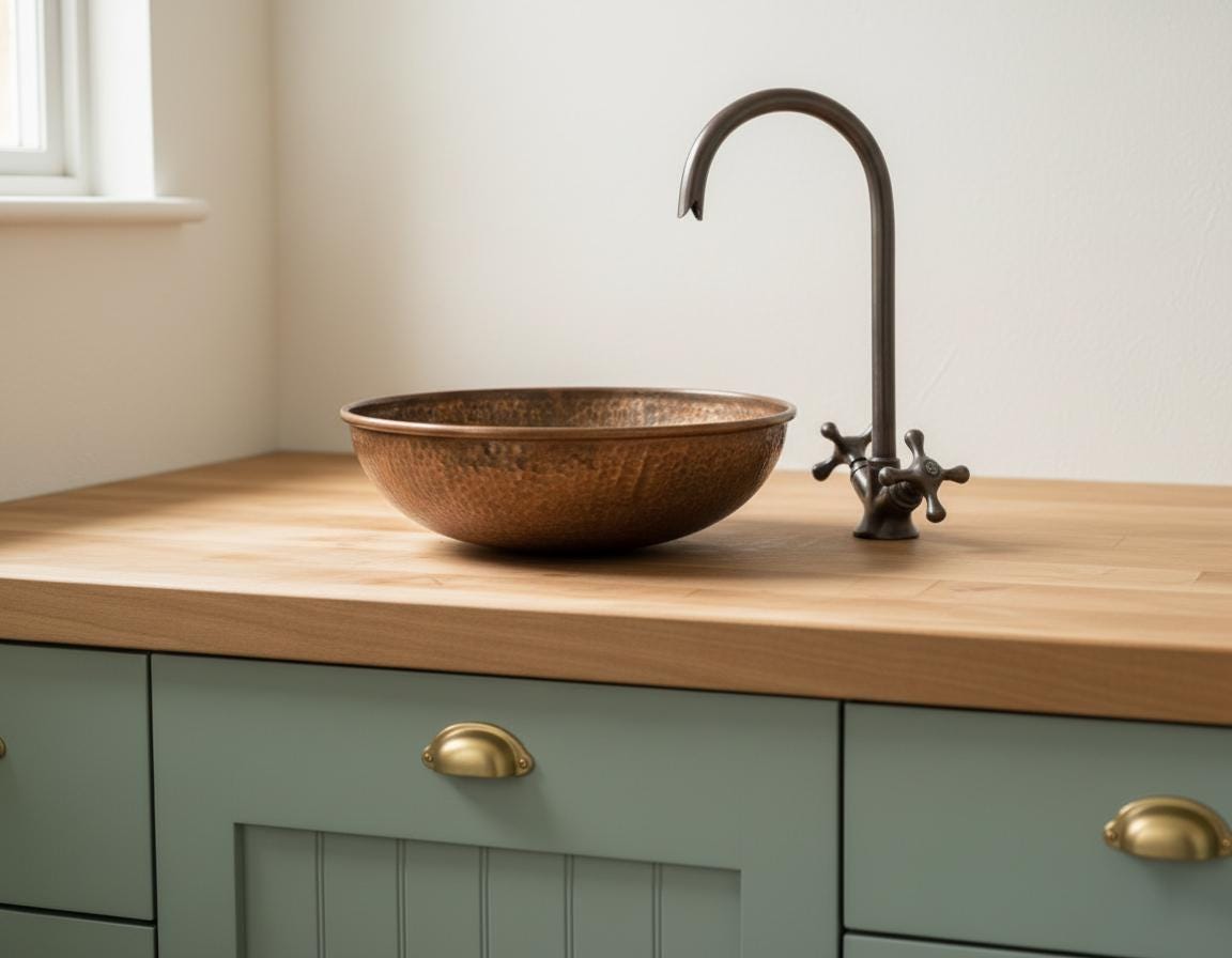 Copper sink on a wooden countertop with a green cabinet and brass fixtures.