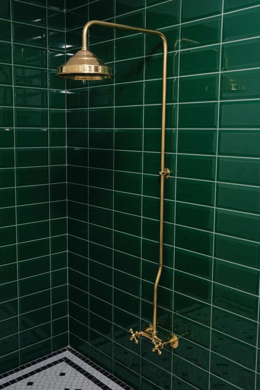 Vintage-style shower head and hose against a green tiled wall