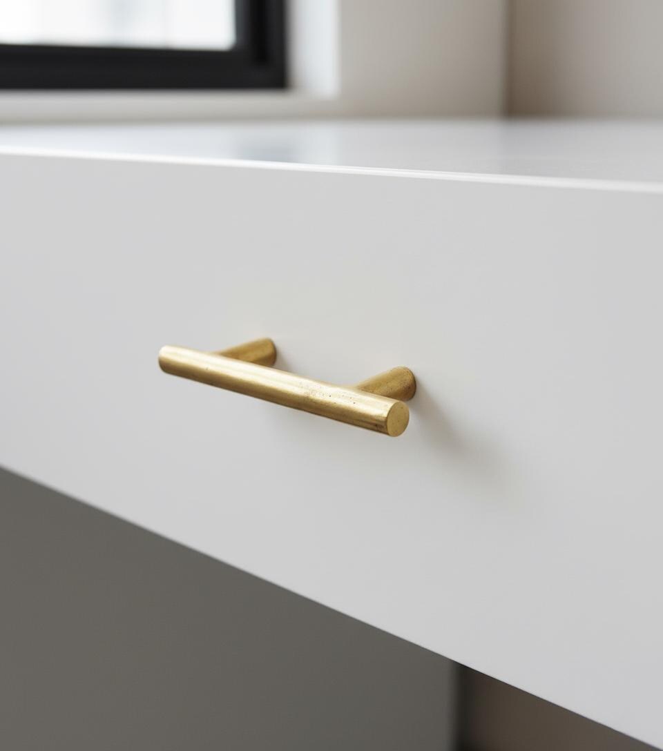 Gold cabinet handle on a white drawer