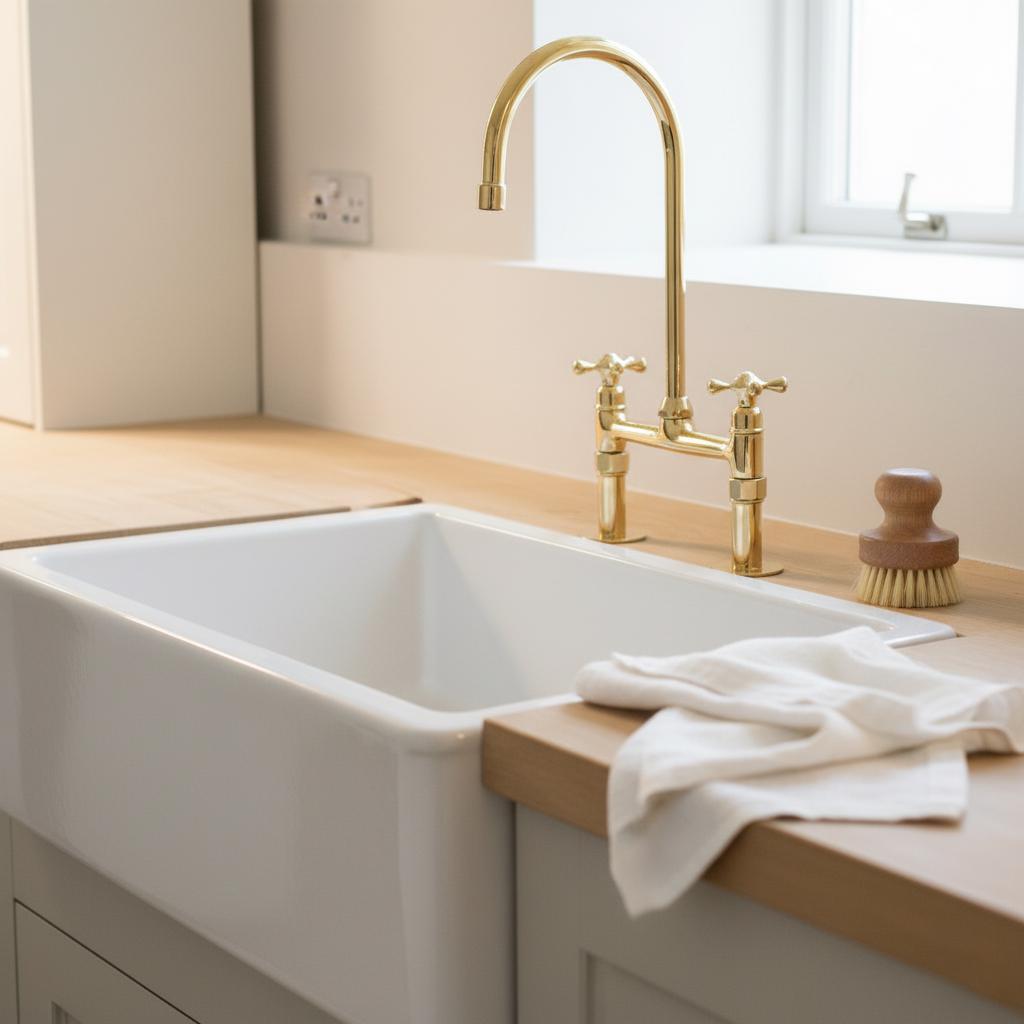 Kitchen sink with gold faucet and wooden countertop