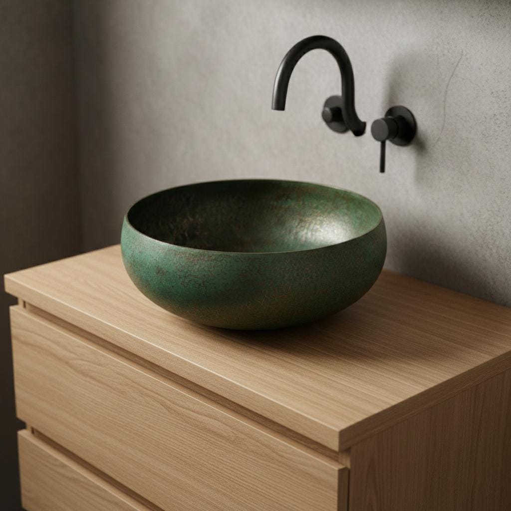 Green sink on a wooden cabinet with black faucet against a gray wall.