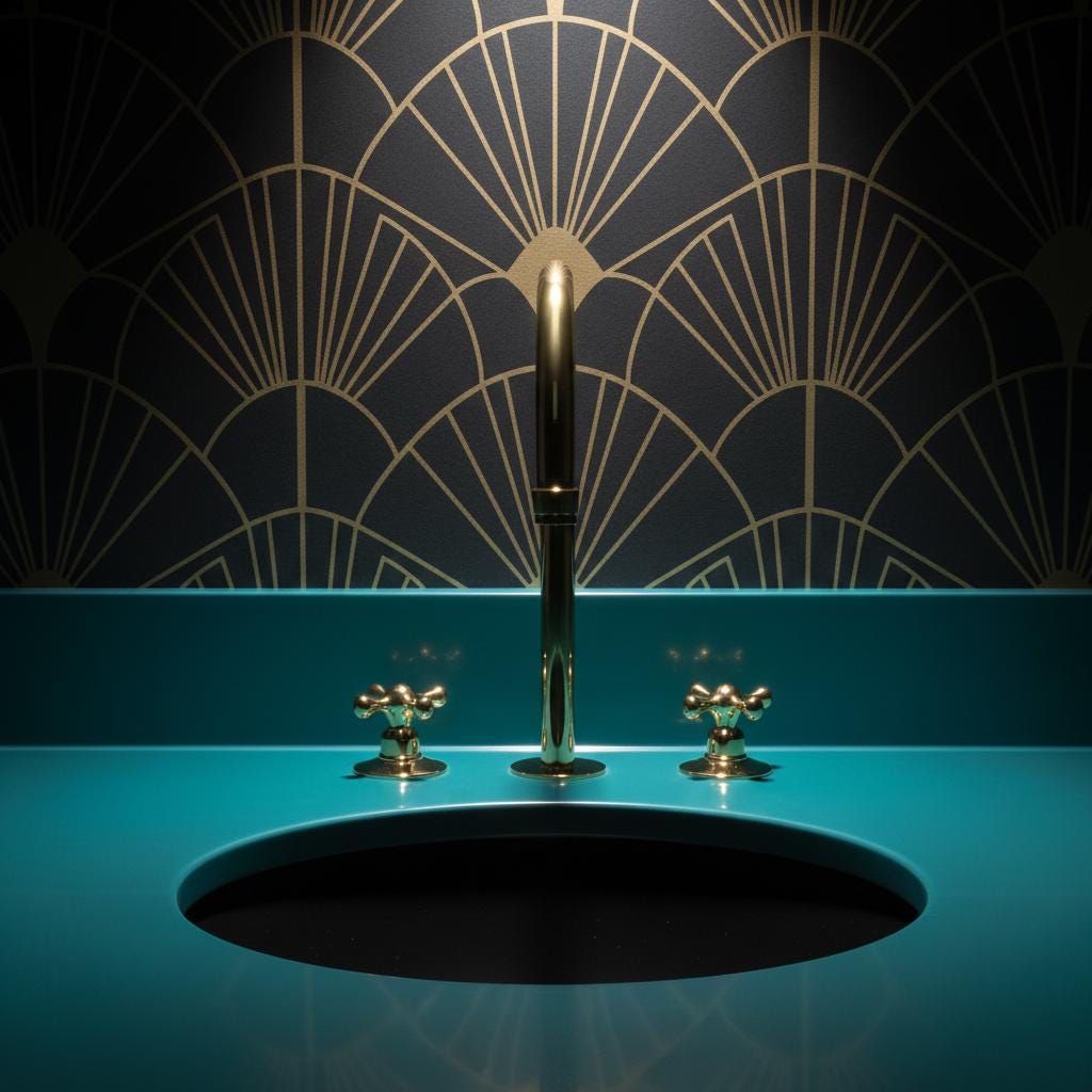Modern kitchen sink with gold faucet against a decorative blue wall