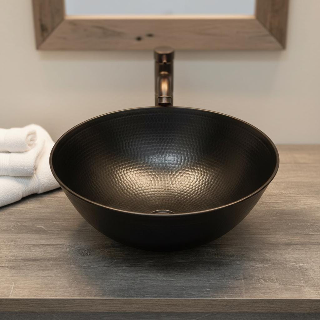 Black hammered sink on a wooden countertop with a mirror in the background