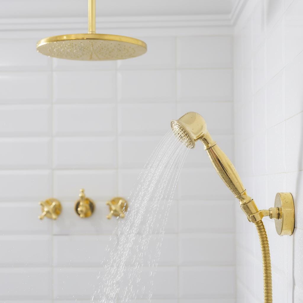 Gold shower head and handheld shower head with water flowing in a bathroom setting.
