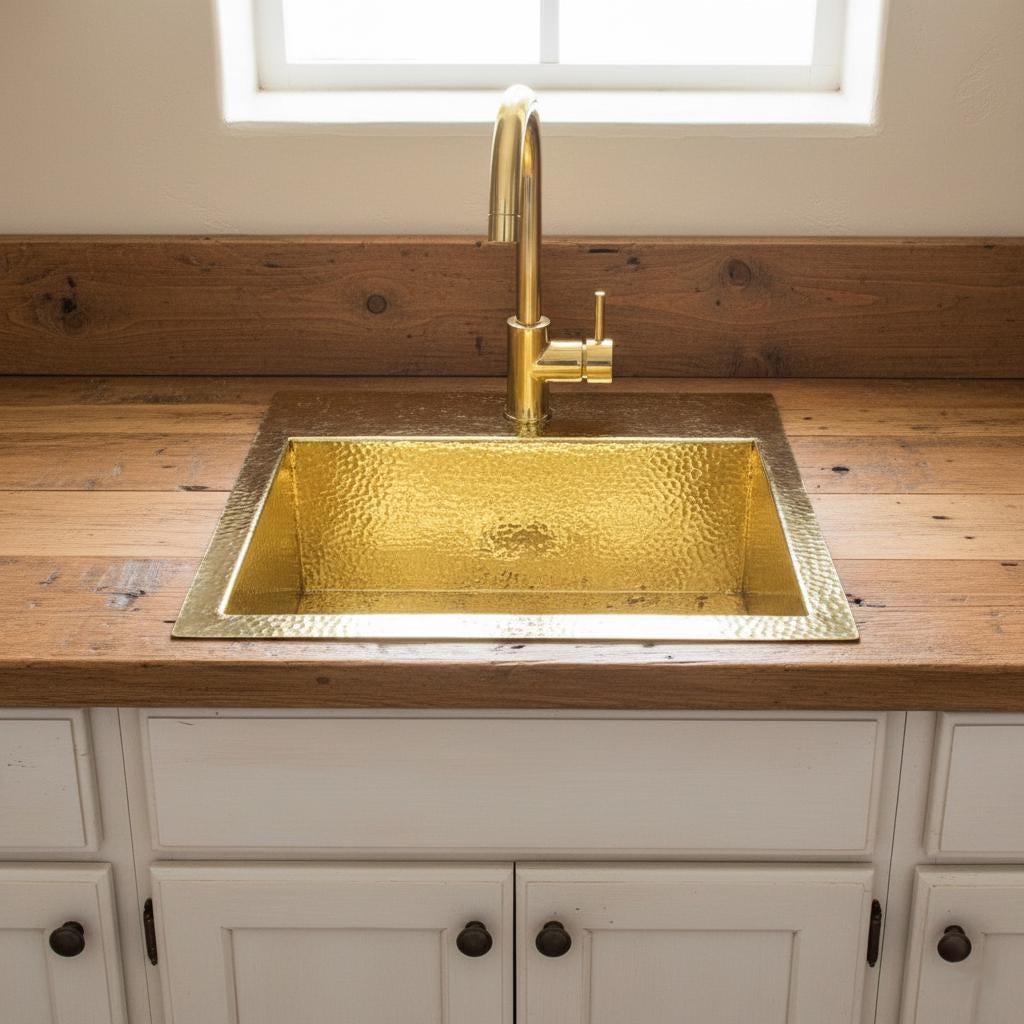 Gold sink with faucet on a wooden countertop in a kitchen setting.