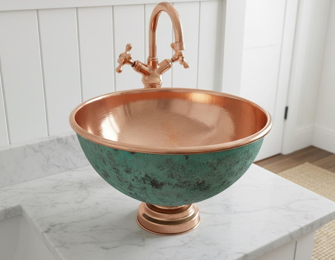 Copper sink with green patina on a marble countertop
