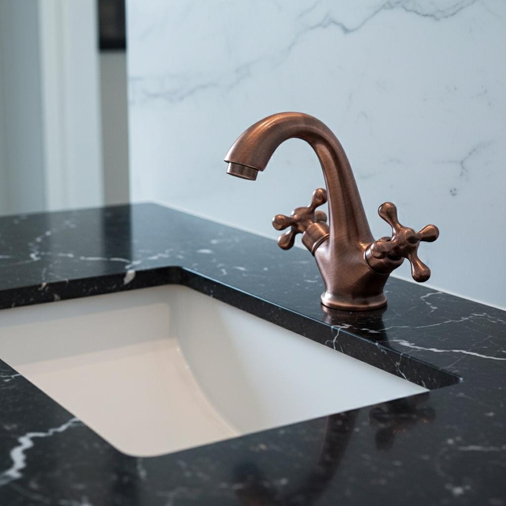 Bronze faucet on a black marble countertop with a white sink.