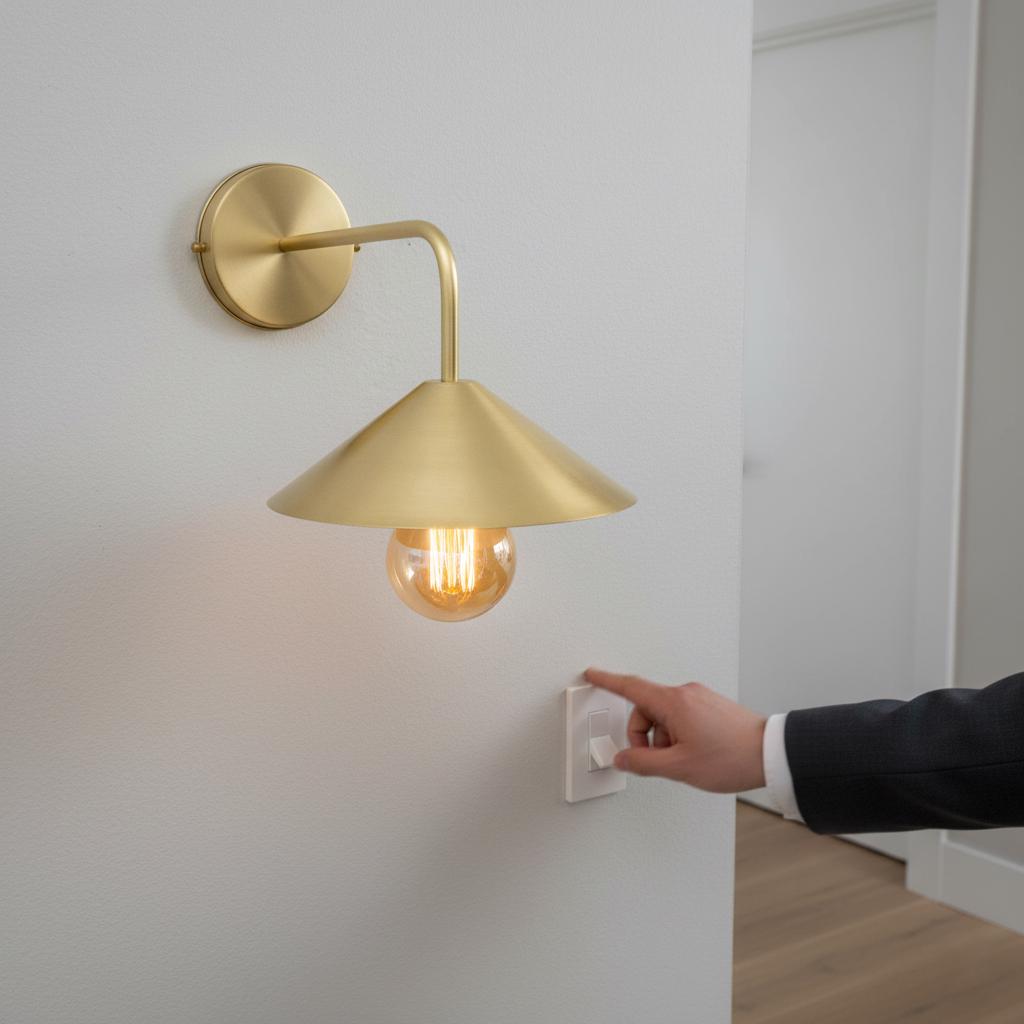 Gold wall sconce with a hand turning on the light switch.