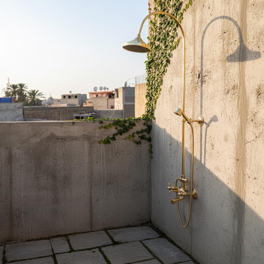 Outdoor shower with gold fixtures on a concrete wall with greenery.