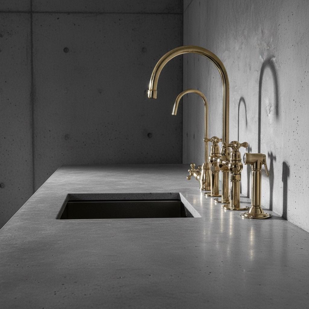 Gold kitchen faucet set on a concrete countertop with a dark wall background