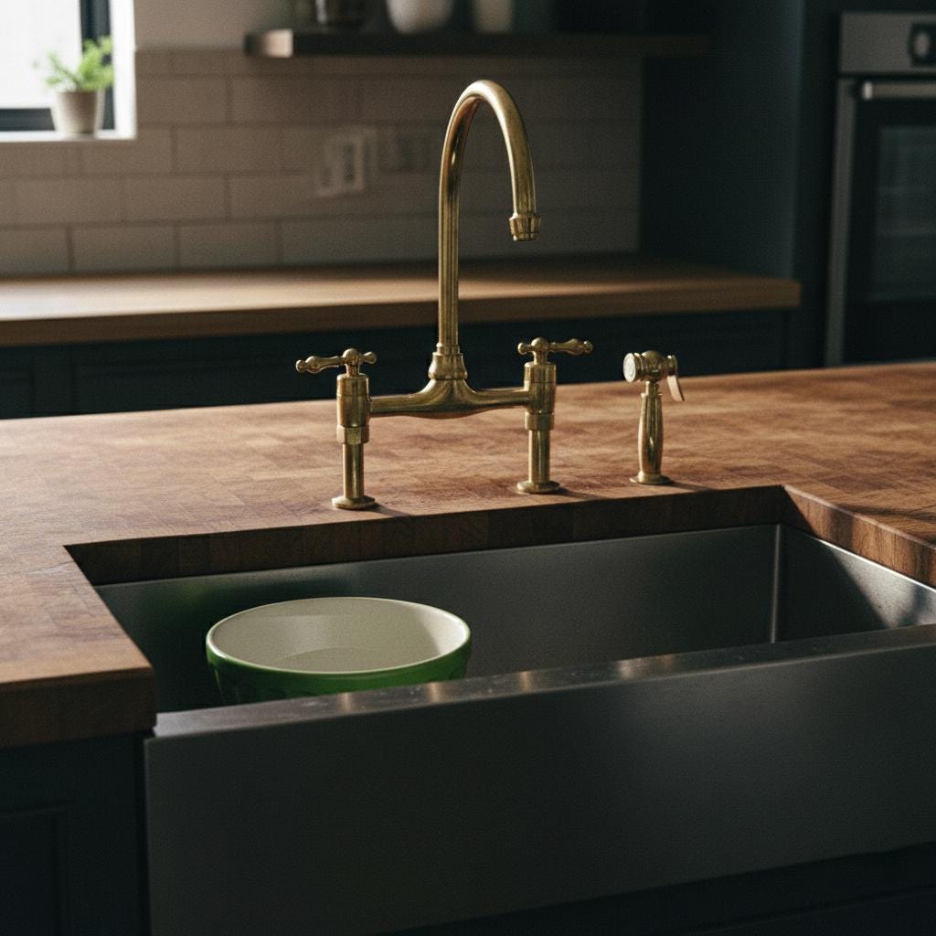 Kitchen sink with gold faucet and wooden countertop