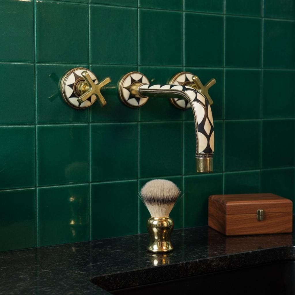 Decorative wall-mounted faucet with a shaving brush and wooden box on a green tiled wall background