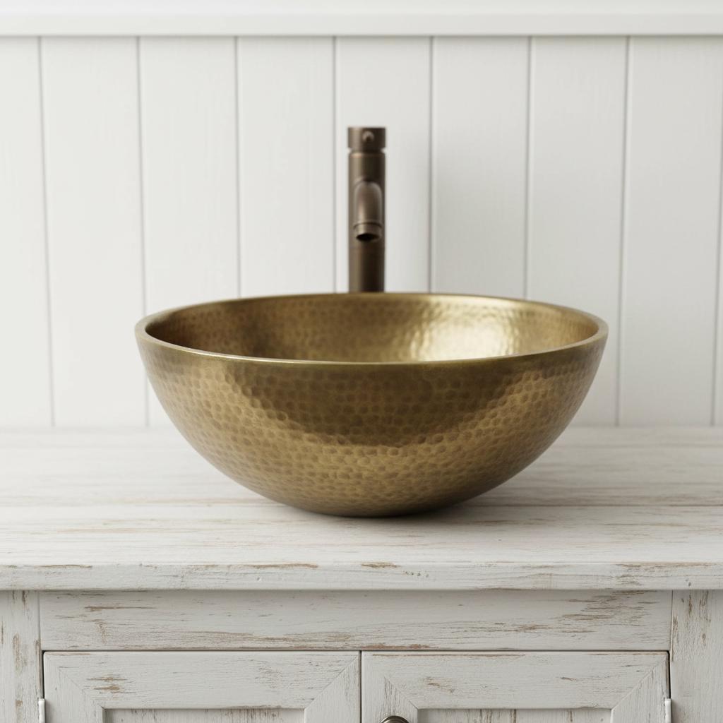 Bronze sink with faucet on a white wooden surface