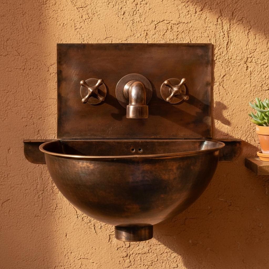 Bronze wall-mounted sink with faucet against a beige wall