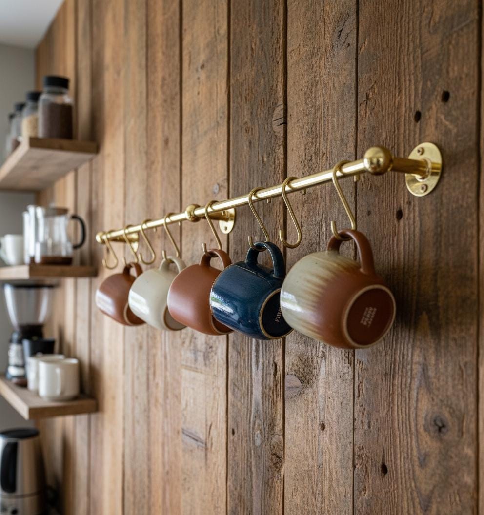 Colorful mugs hanging on a gold mug rack against a wooden wall.