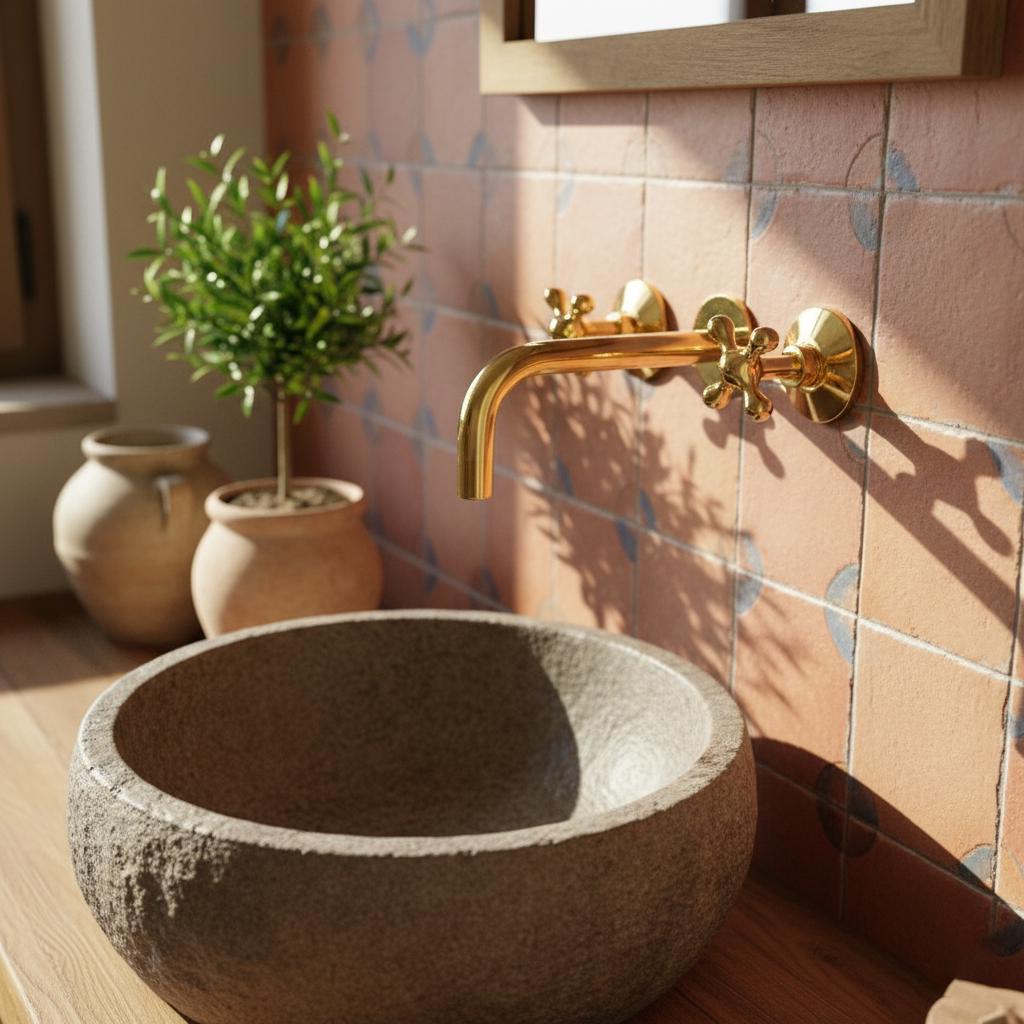 Bathroom setting with a stone sink, gold faucet, and tiled wall.