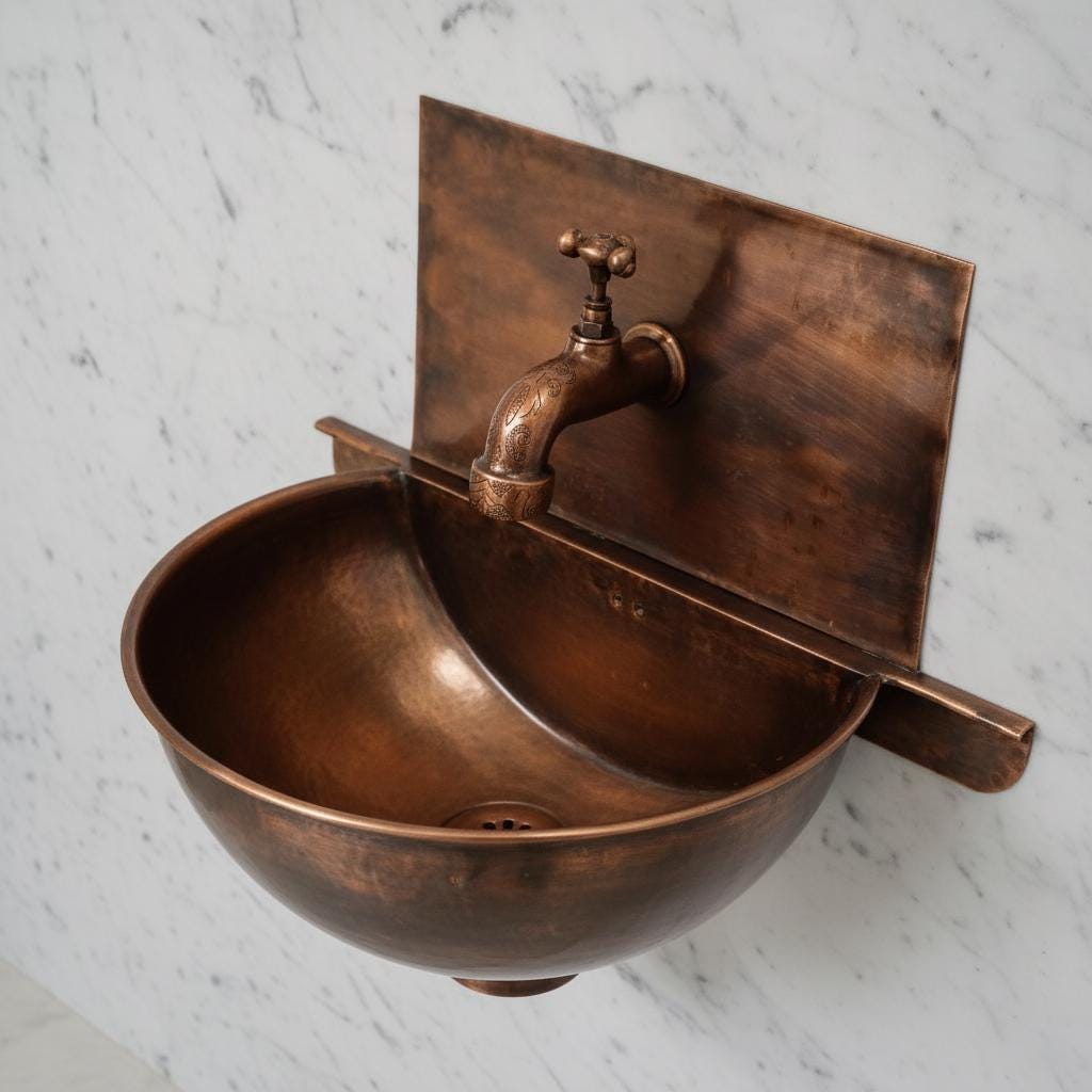 Bronze wall-mounted sink with faucet against a marble wall.