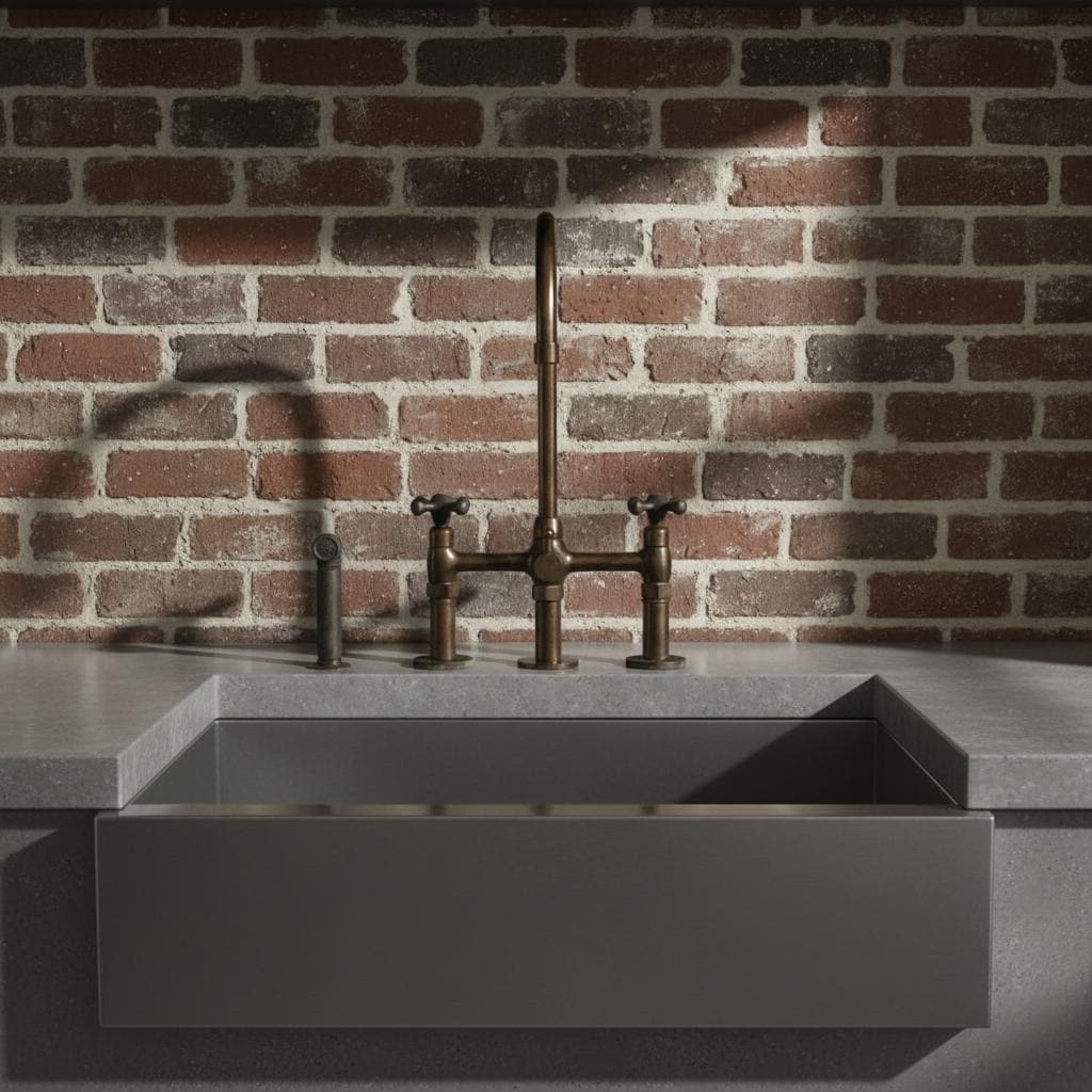 Gray concrete sink with bronze faucet against a brick wall