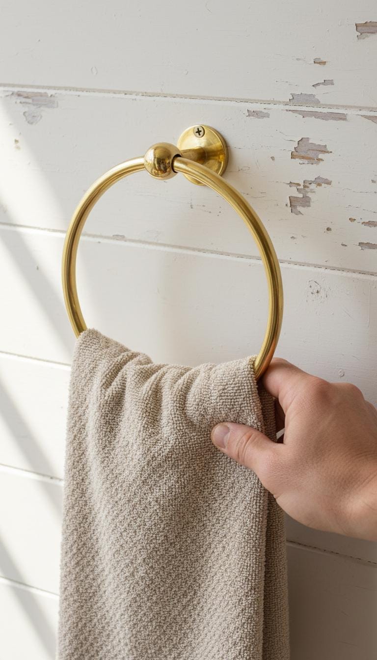 Gold towel ring on a white wooden wall with a beige towel and hand.