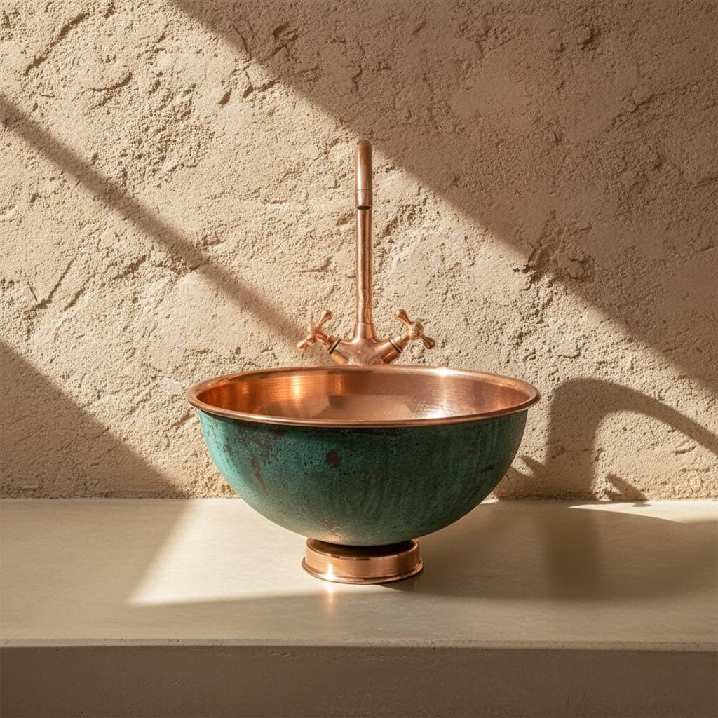 Copper sink with faucet against a textured wall