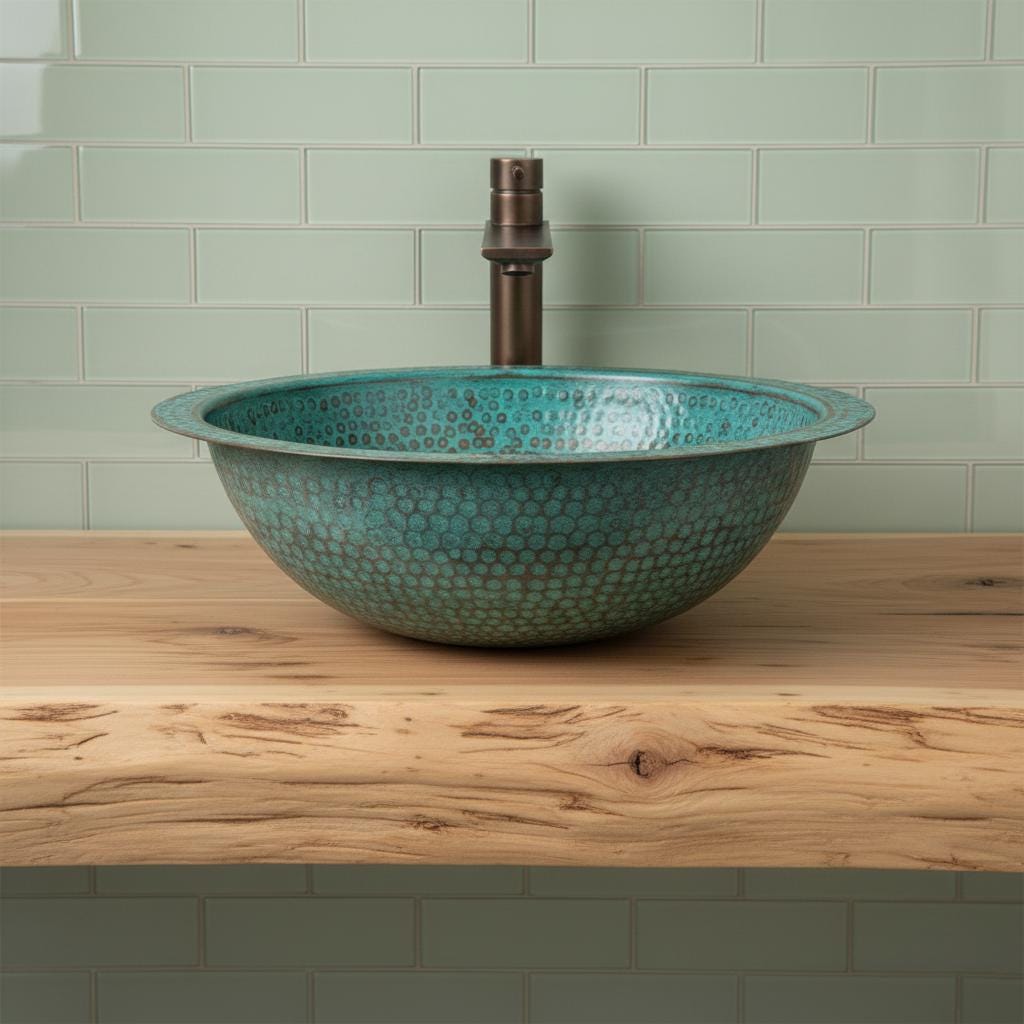 Teal mosaic sink on a wooden countertop with a tiled wall background