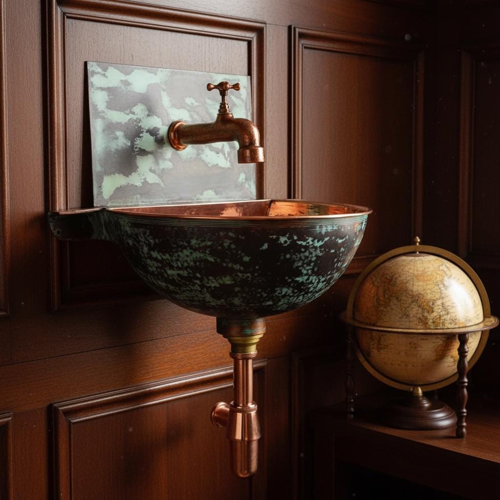 Vintage-style copper sink with faucet against a wooden wall, next to a globe.