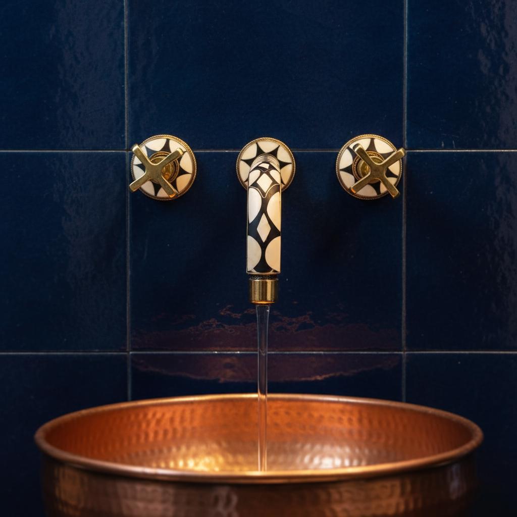 Decorative faucet with gold and black design on a blue tiled wall above a copper sink.