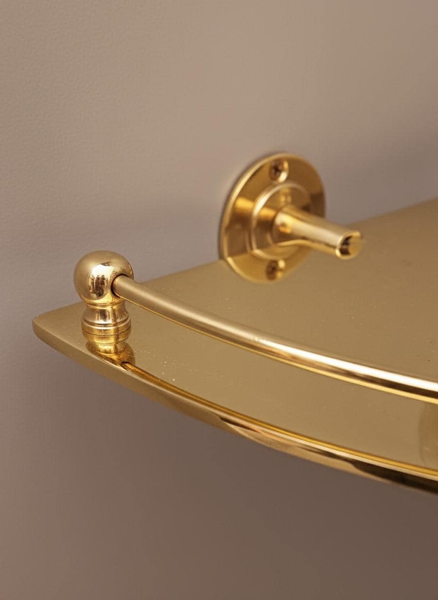 Gold bathroom shelf with decorative bracket on a neutral background